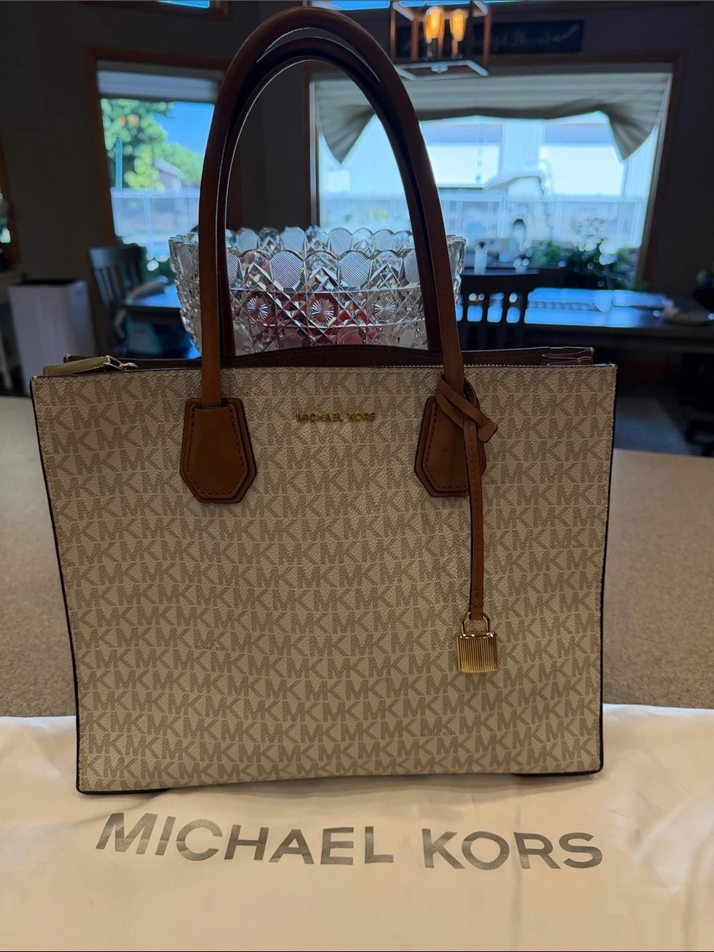 Michael Kors Beige Signature Logo Tote with Brown Trim